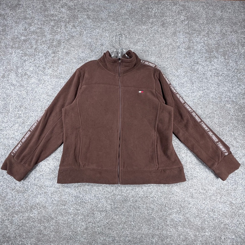 Tommy Hilfiger Sport XL Brown Polar Fleece Jacket Logo Tape Striped Sleeves Y2K
